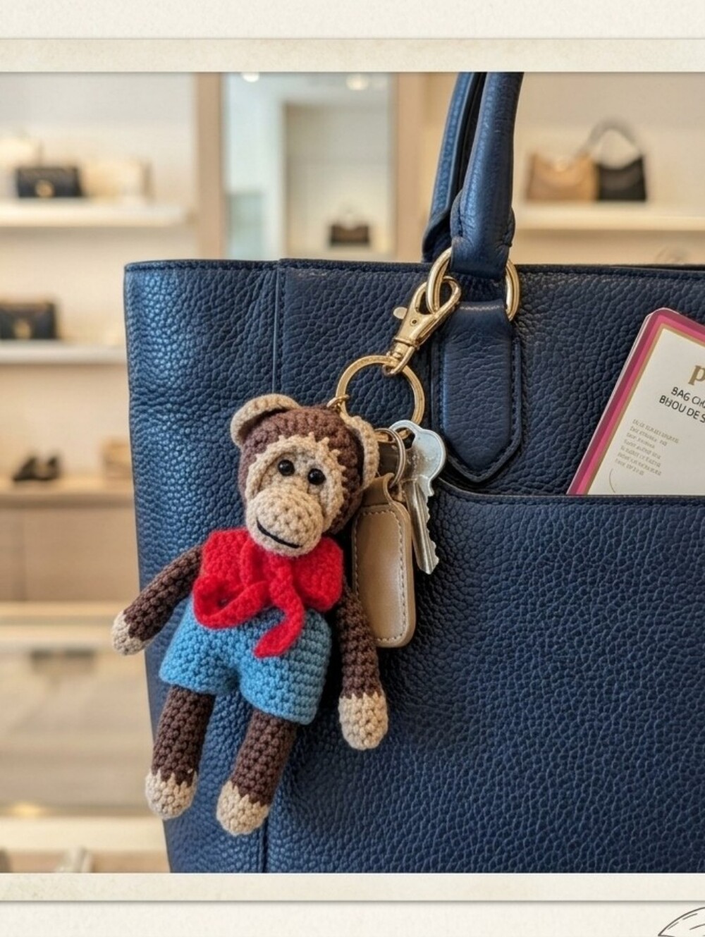 Piper K Crochet Monkey Keychain in Brown, Cream, Red, and Blue